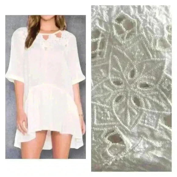 Free People Sz S Sun Moon Tunic Dress Ivory Mini Ruffle Embroidery Prairie Fairy - Picture 1 of 15